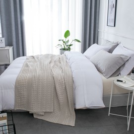 PHF 100% Organic Cotton Waffle Weave Blanket Queen Size - Luxury Decorative Soft Breathable Skin-Friendly Blanket for All Season - Perfect Textured Blanket for Couch Bed Sofa 90"x90"-Light Khaki/linen