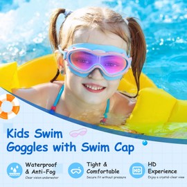 Behufun Kids Swim Goggles, Swimming Goggles for Kids 6-14, Anti-Fog Anti-UV Wide View Clear Glasses for Boys Girls Children