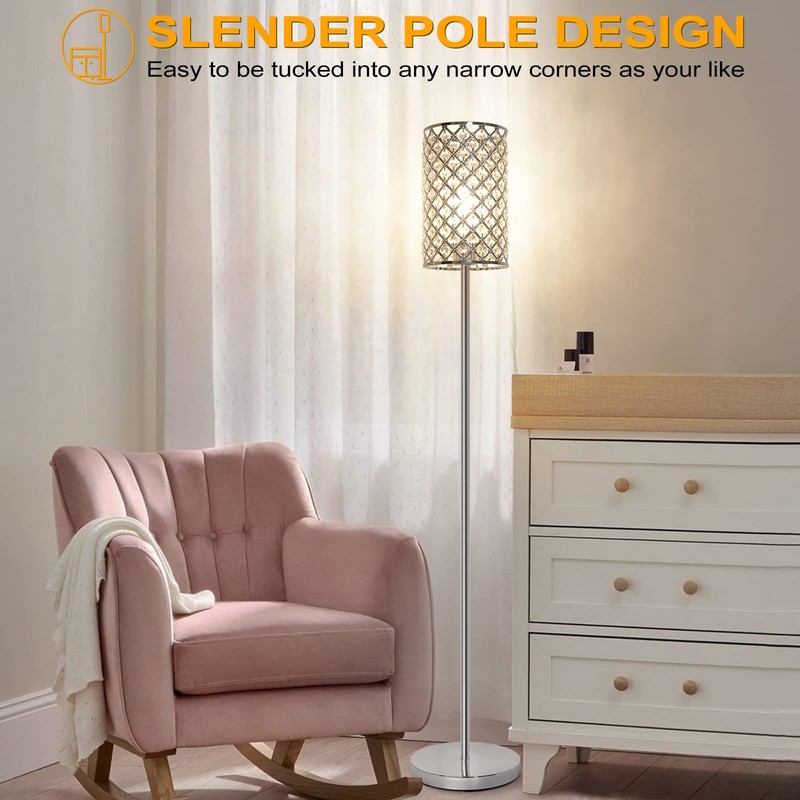 Crystal Floor Lamp, Modern Standing Lamp with Elegant Shade, LED