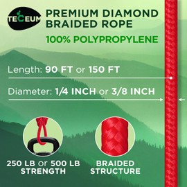 TECEUM Rope – 90 Feet x 1/4 Inch (7mm) – Red – Strong All-Purpose Utility Rope – Camping, Crafting, Flag Pole, Indoor & Outdoor – Polypropylene Nylon Poly Lightweight Diamond Braided Cord