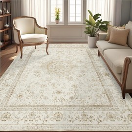 Farmhouse Washable Rug for Living Room: Boho 5x7 Area Rugs for Bedroom Soft Non Slip - Thin Stain Resistant Carpet for Dining Room Indoor - Cream Beige