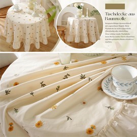 ANAZOZ Round Tablecloth 120 cm Beige Cotton Table Decoration Wedding Rustic for Embroidery with Ruffles
