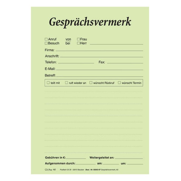 Conversation Notes DIN A5 Green Pad with 100 Sheets Telephone