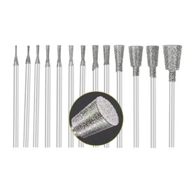 Luo ke 13 Pcs Trumpet Shape Dimaond Burr - 3/32 Inch Shank Diamond Mounted Grinding Bits Stone Carving Set for Rotary Tools includes Dremel