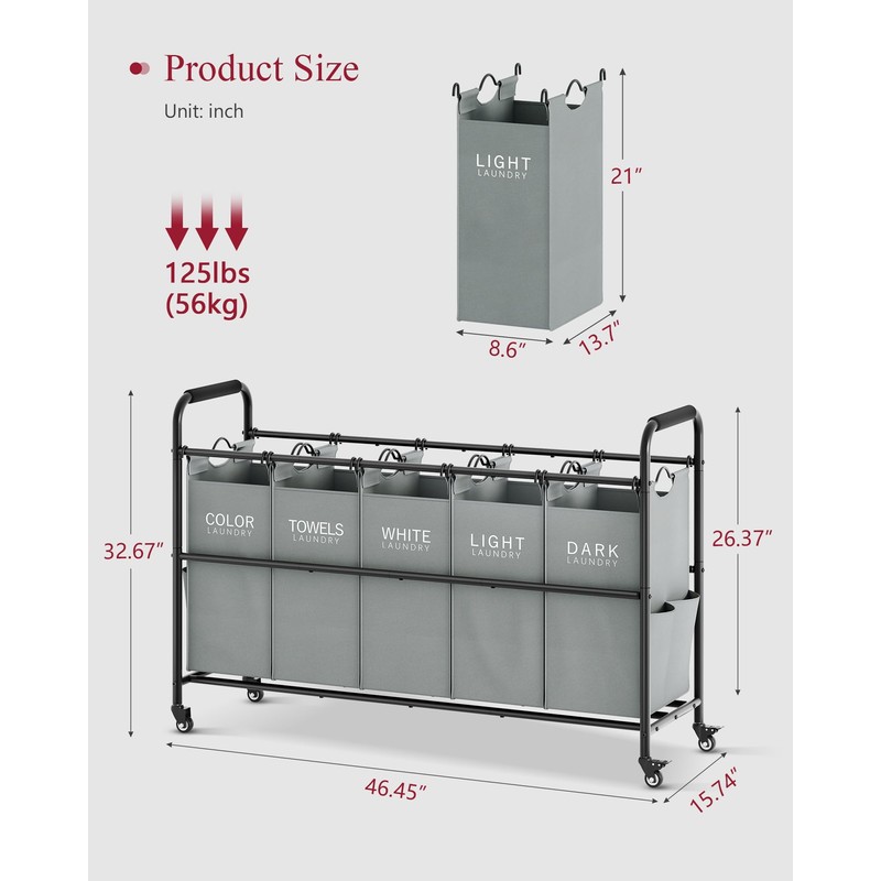 Tajsoon Laundry Sorter, Laundry Hamper 5 Section with Heavy Duty