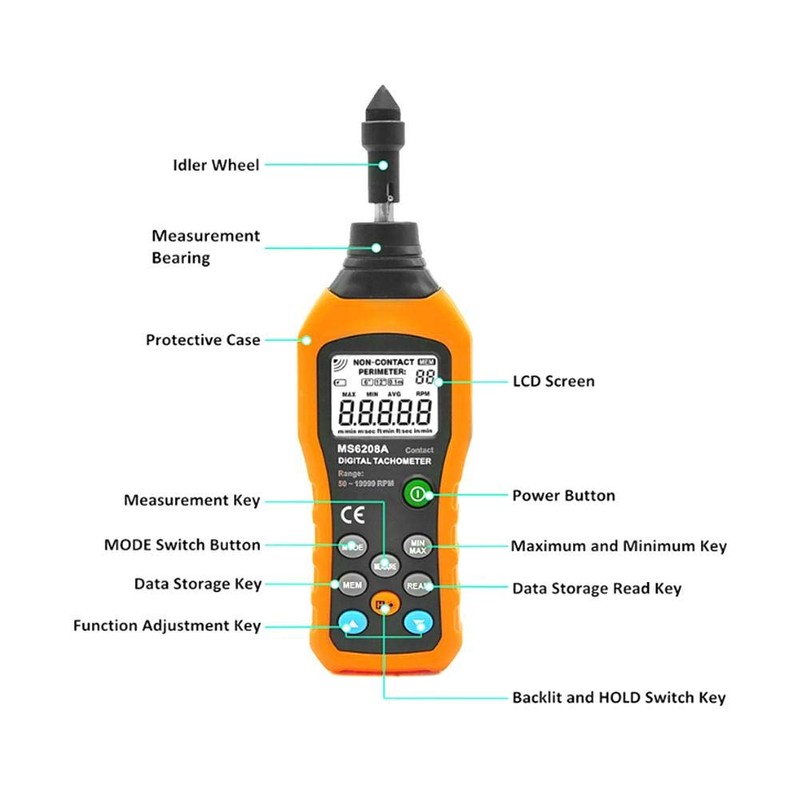 Peakmeter PM6208A Handheld Digital Tachometer Meter Speed Meter Tester 50