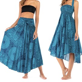 1 x Long Printed Skirt Women's Chiffon Bohemian Skirt Women's Long Boho Long Printed Skirt Women's Summer Holiday Summer Skirt Beach Dresses (One Size), blue