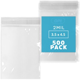 GPI - 3.5" x 4.5" Zip Bags, 500 Count, 2 Mil, Clear Plastic Reclosable Zipper Poly Baggies, with Resealable Zip Top Lock Seal, for Credit Cards, Jewelry, Coins, Pills, Candy, Beads, Seeds & More.