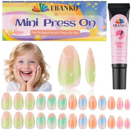 EBANKU 1 Pack Kid Fake Nail Kit, 26 Pieces Press on Nails for Kids Garish Press on Nail Short Artificial False Nail Kits for Girls with Nail Glue