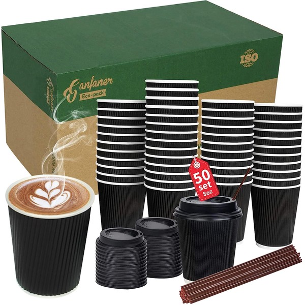 ganfaner 8oz 50set Regular Disposable Cups Coffee Cups w/Snug Lid & Straw To Go Durable, Handy Insulated Ripple Double-Wall Paper Cups for Hot Cold Drink