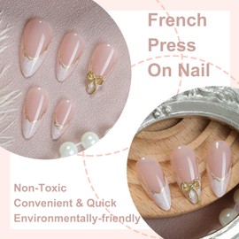 Almond False Nails Medium Long - 24Pcs Pearl White French Nail Tip with Golden Line Bow Design Fake Nails - Glossy Full Cover Press on Nail - Stick on Nails for Women Girls Days Nails Art