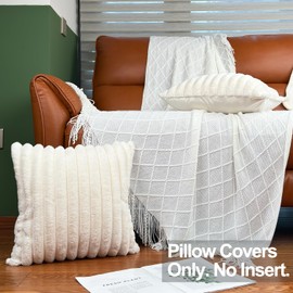 18x18 Throw Pillow Covers Set of 2, Decorative Faux Fur Covers for Bed, Couch Soft Fluffy Pillow Cover with Velvet Back for Living Room, Neutral Home Décor Accent for Sofa - Cream White