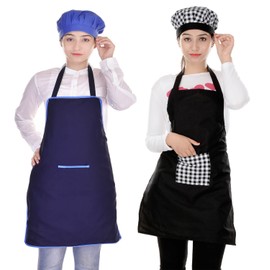 Switchon Blue and Black Waterproof Kitchen Apron with Cap- Set of 2