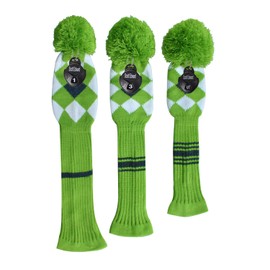 Scott Edward Vintage Long Neck Green/White/Black Argyles Grey Stripes Style Soft Pom Pom Golf Headcover, Set of 3 for Driver(460cc) Fairway Wood, Hybrid, Rotating Number Tags, Washable