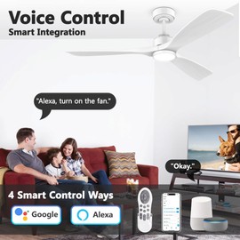 52 Inch Wood Smart Ceiling Fans with Lights Remote,Voice Control via WIFI Alexa App,Quiet DC Motor,Outdoor Indoor Ceiling Fan,Dimmable,Modern White Lighting & Ceiling Fan for Bedroom Patio Porch