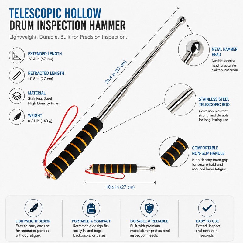Telescopic Tile Inspection Hammer for Building Checks – Stainless Steel