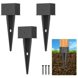 3 Pcs 4"x 6" Fence Post Anchor Ground Spike, 16.5" Heavy Duty Metal Fence Stake Post Bases (Inner Size 3.6"x5.6") with Black Powder Coated for Fence, Deck, Railing, Mailbox and Porch
