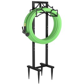 Garbuildman Garden Hose Holder With 4 Spikes, Freestanding Metal Hose Reel for Outside Garden, Detachable Water Hose Hanger Organizer for Yard Lawn, Shiny Black