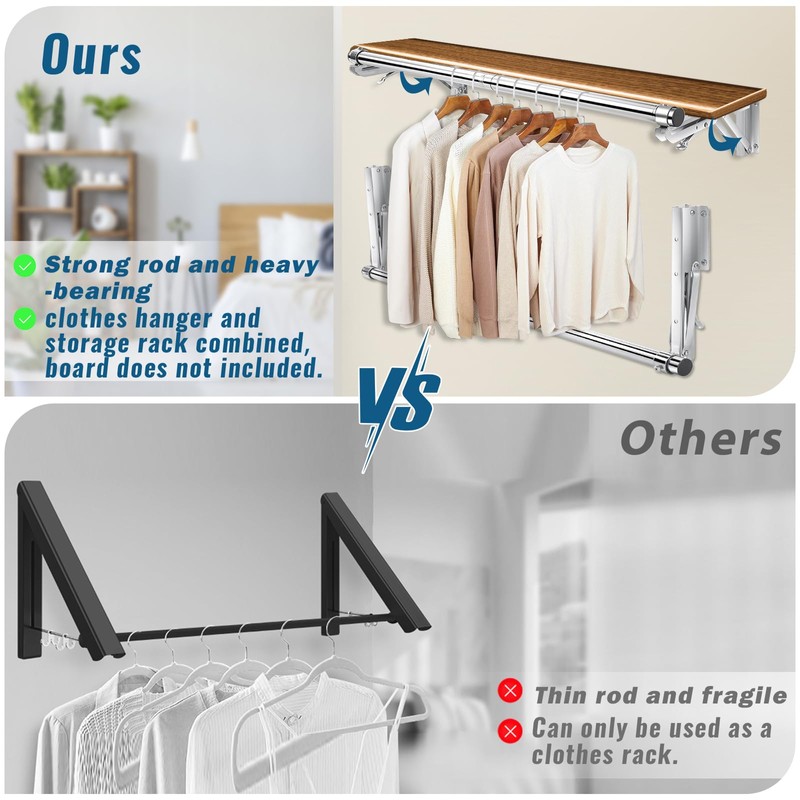 Foldable Wall Mounted Clothes Rack-44'' Long Rod&2 Bases,Stainless Steel, Heavy