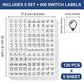 GOMAKERER 600pcs Light Switch Sticker Labels, 28 Designs Transparent Switch ID Stickers Black Switchboard Label Decals for Home, Kitchen, Bathroom, Office School, 15x15mm