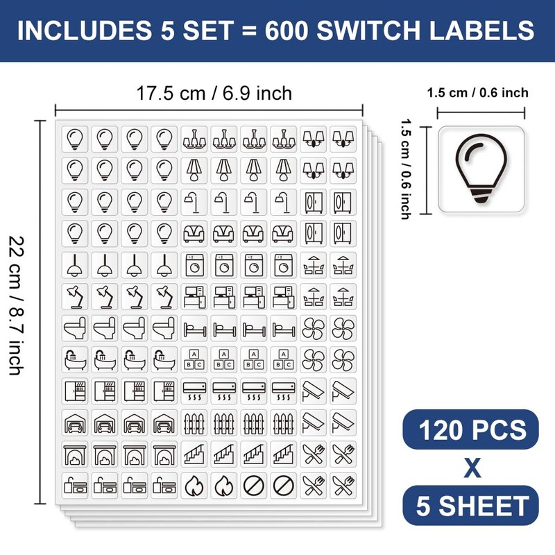 GOMAKERER 600pcs Light Switch Sticker Labels, 28 Designs Transparent Switch