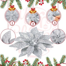 Chunyin Pack of 36 Christmas Glitter Poinsettia Flowers Magnolia Artificial Poinsettia Christmas Decorations Flowers with Clips Flowers Ornaments for Christmas Tree Wreath, 3 Sizes (Silver)