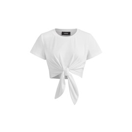 CIDER Round Neck Knotted Crop Top Y2K for Women Knot Front Casual Short Sleeve White