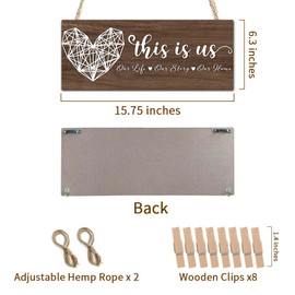Family Wooden Photo Hanging Frame - This is Us Our Life Our Story Our Home - Photo Holder Board Decoration with 8 Clips for Home Wall - Housewarming Picture Frame Gift for Family & Friends - A04