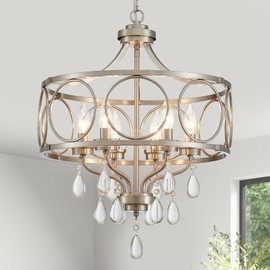 Majhoiw Crystal Chandeliers for Dining Room,17.7" Brushed Nickel 6 Lights Hanging Pendant Lighting Fixture Metal Farmhouse Chandelier for Kitchen Island Entryway Living Room