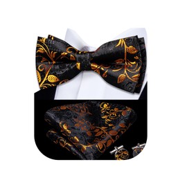 Dubulle Mens Paisley Floral Bow Ties Silk Pre-tied Bowtie for Men with Pocket Square Cufflinks Wedding Party,Yellow Black