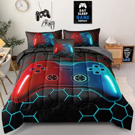 Z.Jian HOME 6 Pieces Gaming Bedding Set Full Size for Boys Gamer Comforter Set for Boys Girls Kids Teens 6 Piece Bed in A Bag Video Game Bedding for Gamer Room Decorative Full49