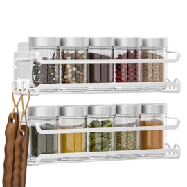 LUCYCAZ 2 Pack Wall Mounted Spice Rack with 8 Hooks, Spice Rack Organizer for Cabinet Pantry Door,Screw or Adhesive Spice Shelf Hanging Wall Spice Rack for Spice Jars and Seasonings (White)
