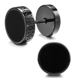 FEEL STYLE 925 Sterling Silver Viking Rune Stud Earrings for Men Women with Natural Black Onyx Flat Back Hypoallergenic