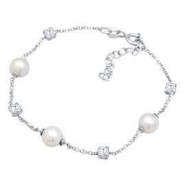 Women's Bracelet with Shell Pearl (6 mm) and Zirconia Elements Made of 925 Sterling Silver, Handmade Bracelet Silver with Pearls, Bracelet with Zirconia for Women, Length 16-19 cm, Sterling Silver,