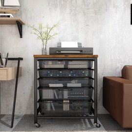 Lamerge 5 Drawers Rolling Cart File Storage Organizer Cabinet,Mobile Office Printer Stand with Lockable Wheels,Home Office Utility Cart,End Table,Rustic Brown