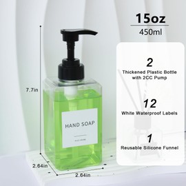 Clear Soap Dispenser with Waterproof Labels, Plastic Hand Soap Dispenser for Bathroom, Thickened Plastic Dish Soap Dispenser, Shampoo and Conditioner Bottles with Funnel (2 Pack Clear)