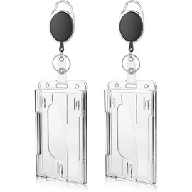 Samcos ID Card Holder Retractable Badge Reel Clip Plastic Transparent Badge Holder with Badge Holder Clear Hard Employee ID Card / Name Badge Case Commuter Card Holder Pass Case Vertical Set of 2