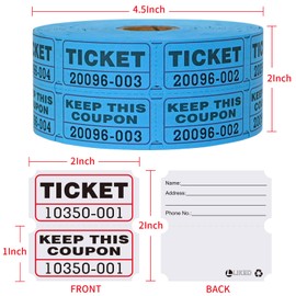 L LIKED 2000 Assorted Raffle Tickets Rolls with Consecutive Numbers 2 Rolls of 1000 Double Tickets-White,Blue