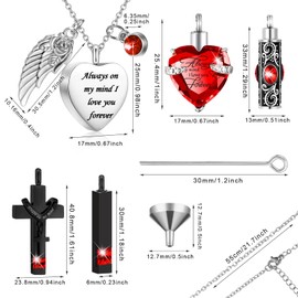 Fumete 5 Pcs Ashes Urn Necklace Keepsake Cremation Heart Cross Cubic Jewelry for Ashes Stainless Steel Memorial Locket Urn Keepsake Necklace for Women Men Loved Ones, 5 Styles(Red)