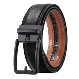 AWAYTR Men Ratchet Genuine Leather Belt - Adjustable Casual Dress Belt for Jeans with Slide Buckle, Black Buckle-Black, Fit Waist 30-35in
