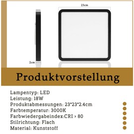 muyuua Ceiling Light LED Ceiling Light Flat Bedroom Lamp 23 cm Bathroom Lamp 18 W Kitchen Lamp Square Bedroom Black Ceiling Lighting Hallway Lamp Ceiling Bathroom Lamp 3000 K for Kitchen Hallway