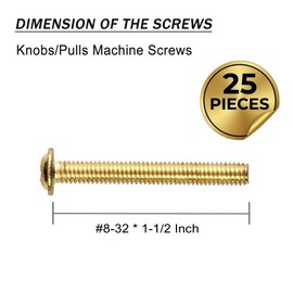 QOGRISUN 25-Pack Truss Head Machine Screws, 8-32 Thread US x 1-1/2” Phillips Machine Screws for Cabinet knobs Drawer Pulls Dresser Handles, Brass Plated Finish