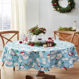 Newbridge Let It Snow Blue Snowman Christmas Print Vinyl Flannel Backed Tablecloth, Winter Snowmen Xmas Tablecloth, (60 Inch x 84 Inch Oval)