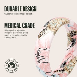 Groove Life Guy Harvey Pink Sea Turtle Thin Silicone Ring - Breathable Rubber Wedding Rings for Women, Lifetime Coverage, Unique Design, Comfort Fit Ring - Size 9