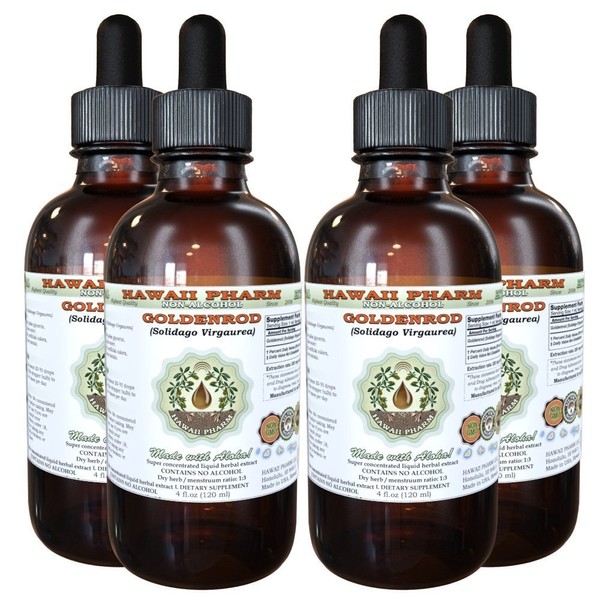 Goldenrod Alcohol-Free Liquid Extract, Organic Goldenrod (Solidago virgaurea L.) Dried Herb Glycerite Hawaii Pharm Natural Herbal Supplement 4x4 oz