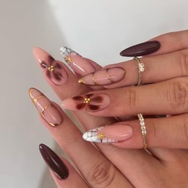 Uñas Postizas Almendradas Medianas, Uñas Nude, Uñas Postizas Con Ondas Geométricas Marrones, Uñas Acrílicas Para Mujer (24 Unidades, Marrón-12, M-12)