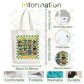 ANATTASOUL Canvas Tote Bag Cute Pickle Can and Pickled Cucumber Reusable Cotton Bag for Women, Durable Cloth Shoulder Bags with Zipper Pockets for Shopping, Vacation, Work, Gym