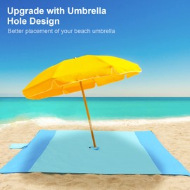 imgokaha Beach Blanket with Umbrella Hole, Travel Beach Blanket Waterproof Sandproof Oversized, Comfortable Nylon Beach Mat Lightweight with 4 Stakes & 4 Corner Pockets Blue 10FT