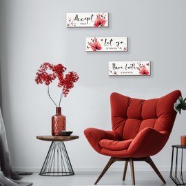 3 Pcs Red Bathroom Decor Rustic Flower Wall Art Accept Let Go Have Faith Farmhouse Bedroom Wall Decor Wooden Inspirational Quotes Decorations for Living Room Bathroom Bedroom(Red, 12 x 4 Inches)