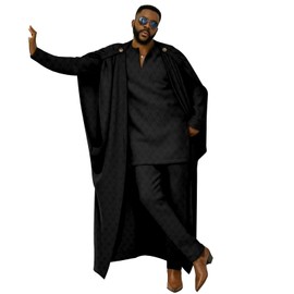 African Clothes for Men Cape V-Neck Full Sleeve Shirts Pants 3 Piece Set Agbada Robe Wedding Evening Outfits Black Large